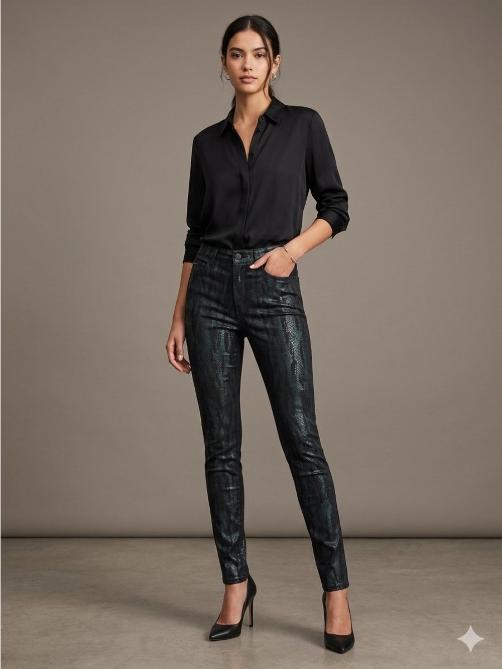 Rock & Republic Black Metallic Snake Print Berlin Skinny Pants (0)